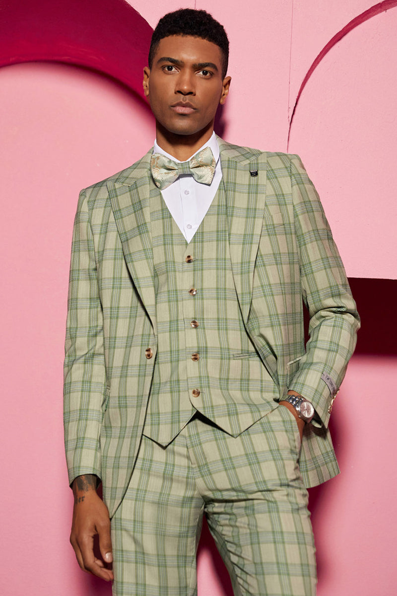 Men’s Stacy Adam’s One Button Peak Lapel Plaid Suit with Paisley Vest & Bow Tie in Sage Green