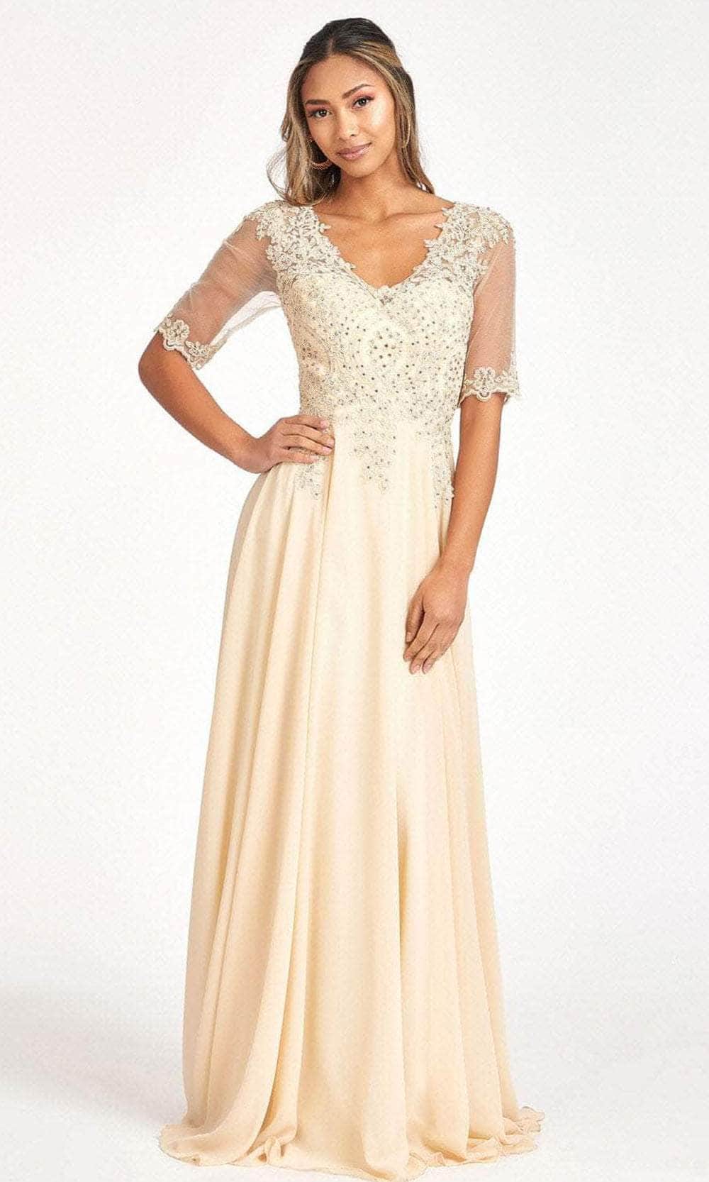 Sheer Quarter Sleeve Lace Applique Evening Dress