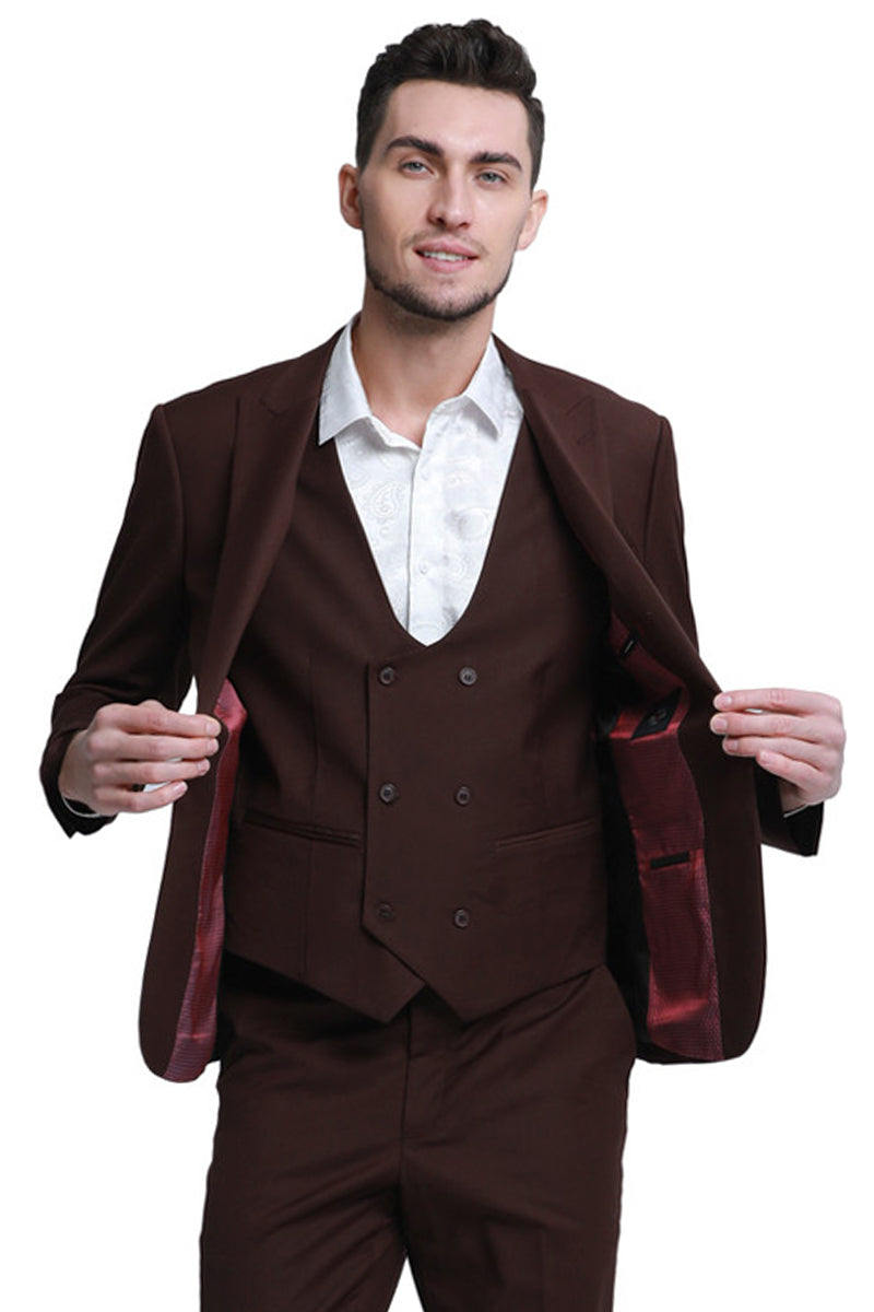 Men’s Slim Fit One Button Peak Lapel Low Cut Double Breasted Vest Wedding Suit in Brown