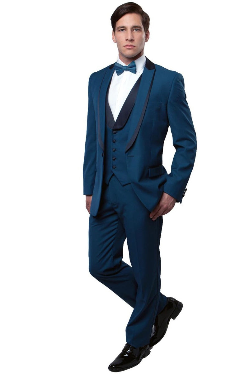 Men’s One Button Satin Trimmed Peak Lapel Vested Fancy Tuxedo in Teal Blue