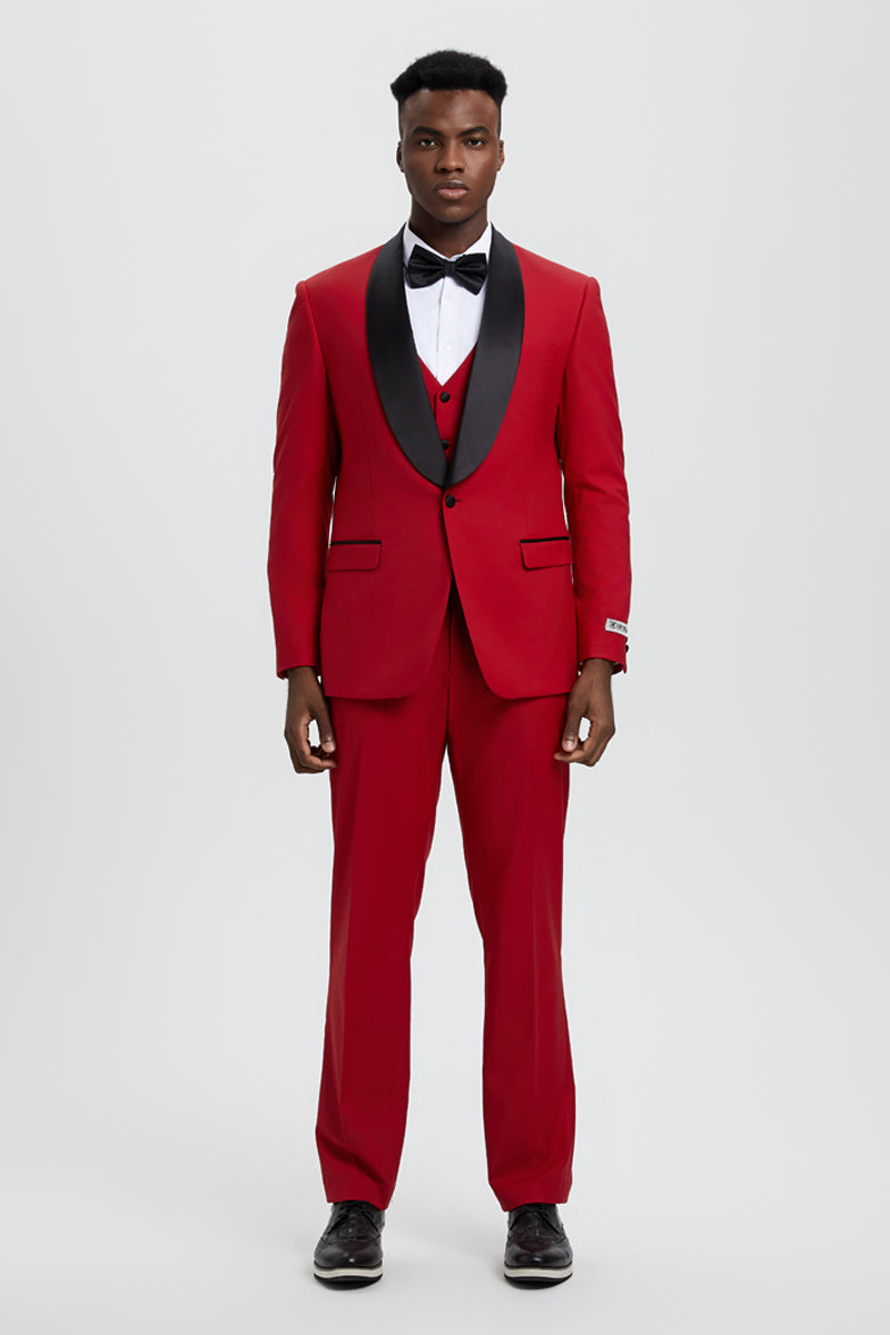 Men’s Stacy Adams Vested One Button Shawl Lapel Designer Tuxedo in Red