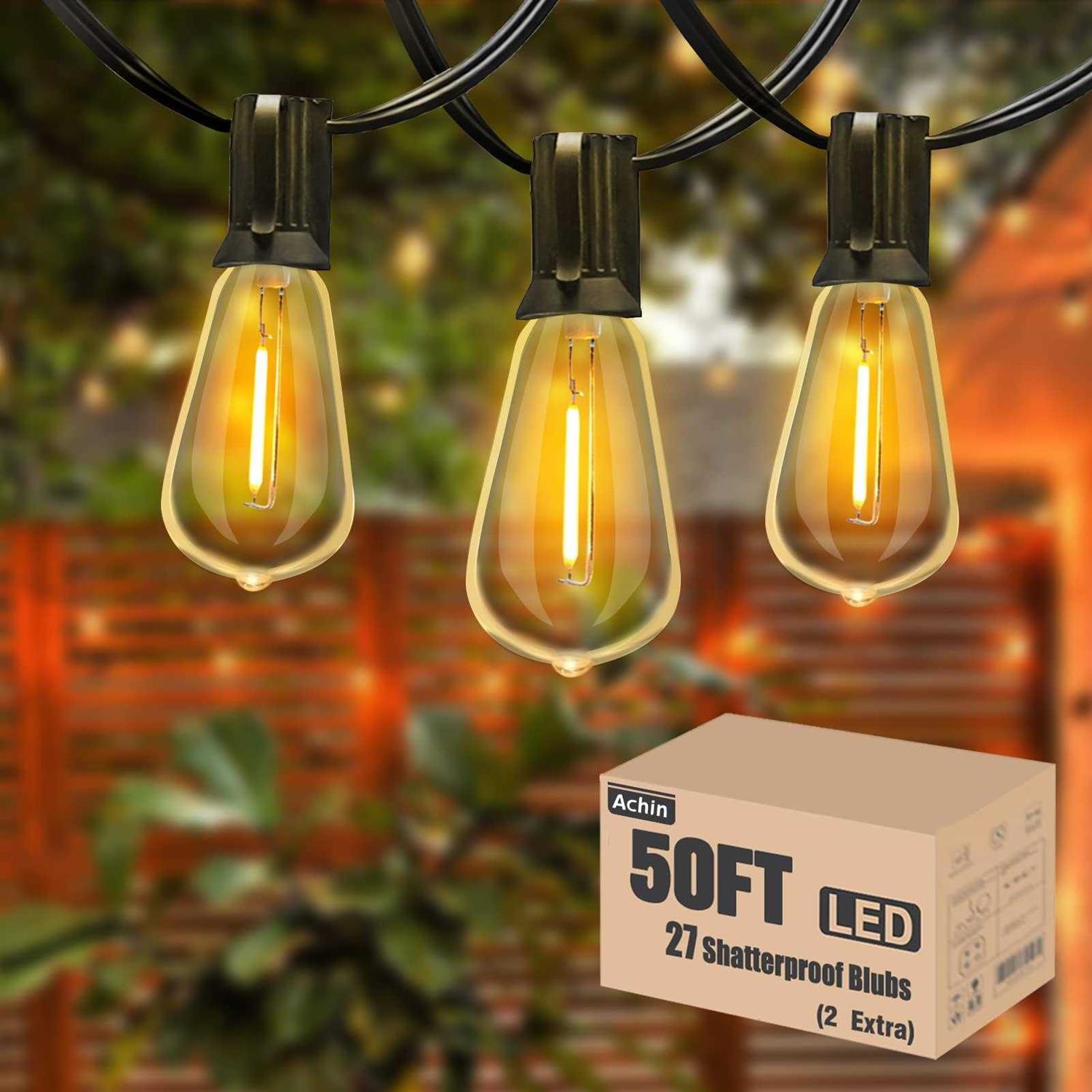 Achin Outdoor String Lights Vintage String Lights Shatterproof ST38 Bulbs LED Dimmable Patio Lights
