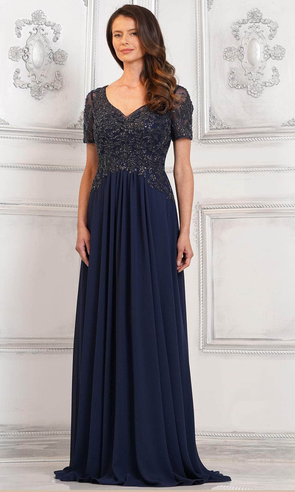 Beaded Appliqued V-Neck Formal Gown