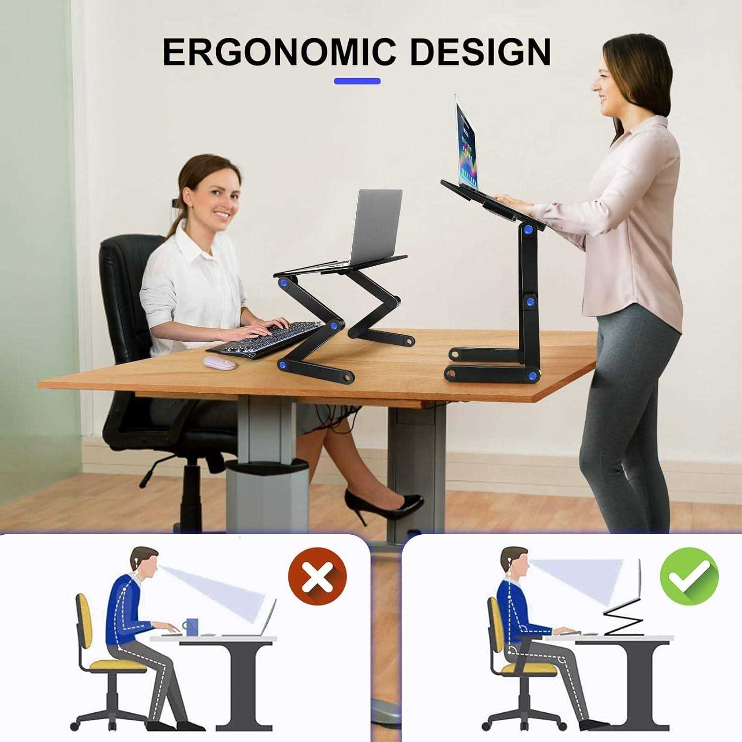 Height Adjustable Laptop Table, Portable Computer Laptop Desk Foldable Table Workstation Notebook Riser with 2 CPU Cooling USB Fans and Mouse Pad