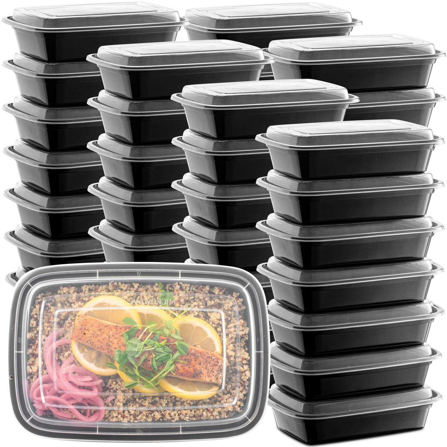 50-pack Meal Prep Plastic Microwavable Food Containers For Meal Prepping With Lids 28 oz. 1 Compartment Black Rectangular Reusable Storage Lunch Boxes