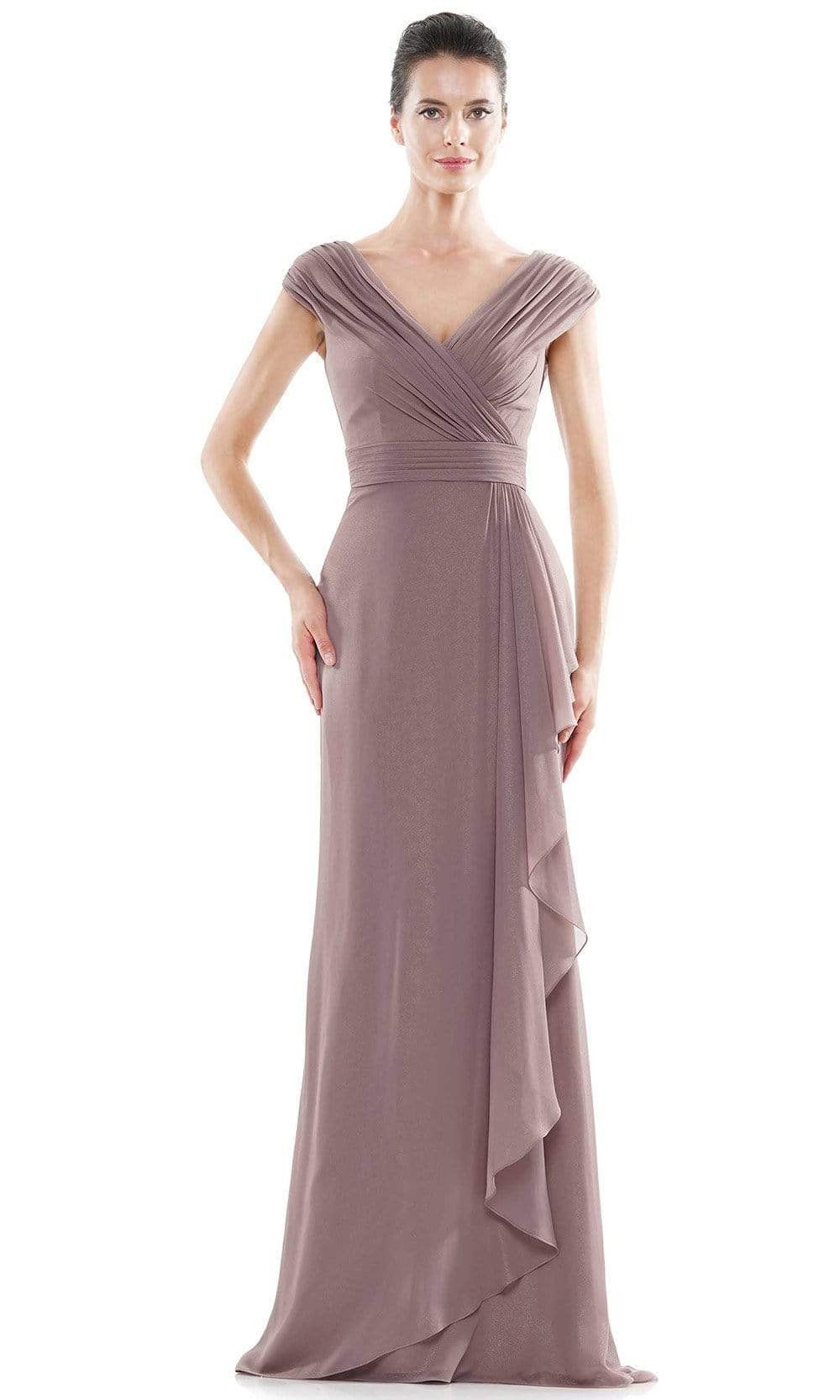 MV1073 Ruched V Neck Foil Chiffon Column Gown