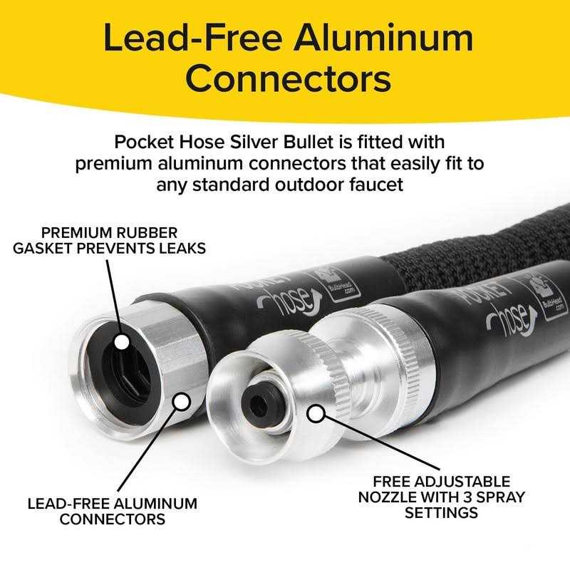 Bulbhead Pocket Hose Silver Bullet 75 ft Turbo Shot Nozzle Multiple Spray Patterns Expandable Garden Hose 3/4 in Solid Aluminum Fittings Lead-Free