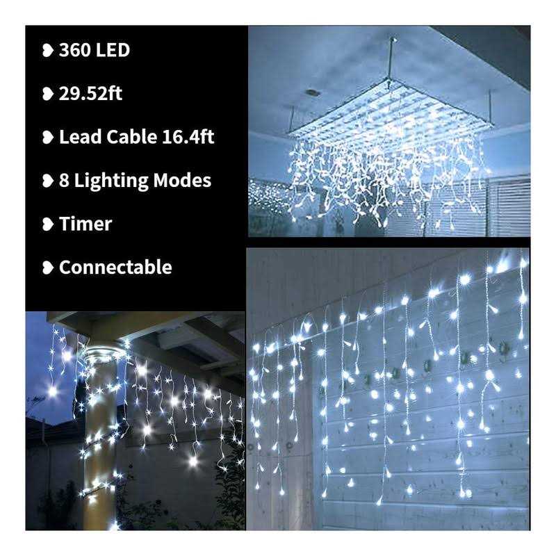 Toodour Christmas Icicle Lights 29.5ft 360 Led 8 Modes Window Curtain Fairy Lights with 60 Drops