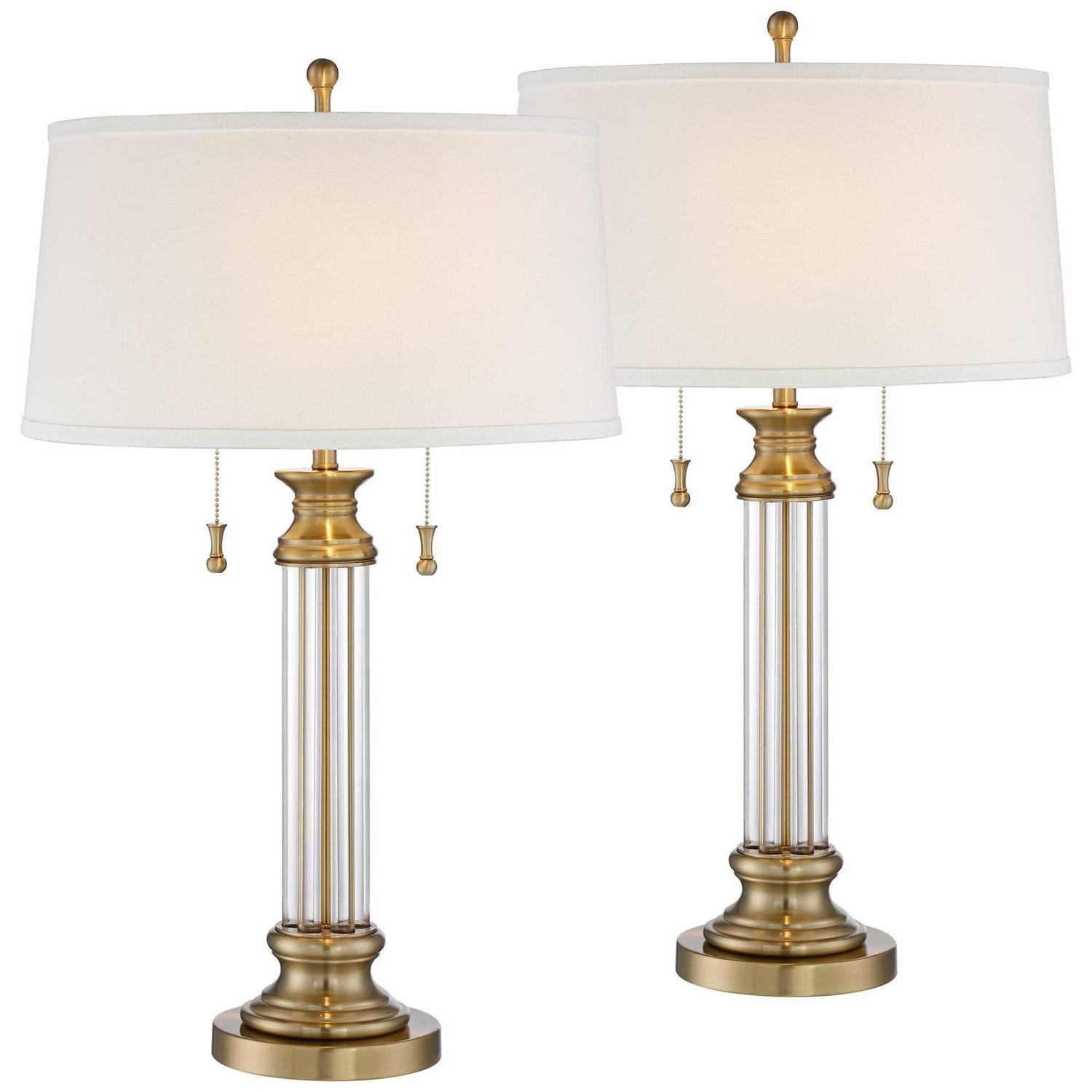 Vienna Full Spectrum Rolland Traditional Table Lamps 30 Tall Set of 2 Clear Glass Antique Brass Gold Off-White Fabric Drum Shade for Bedroom Living