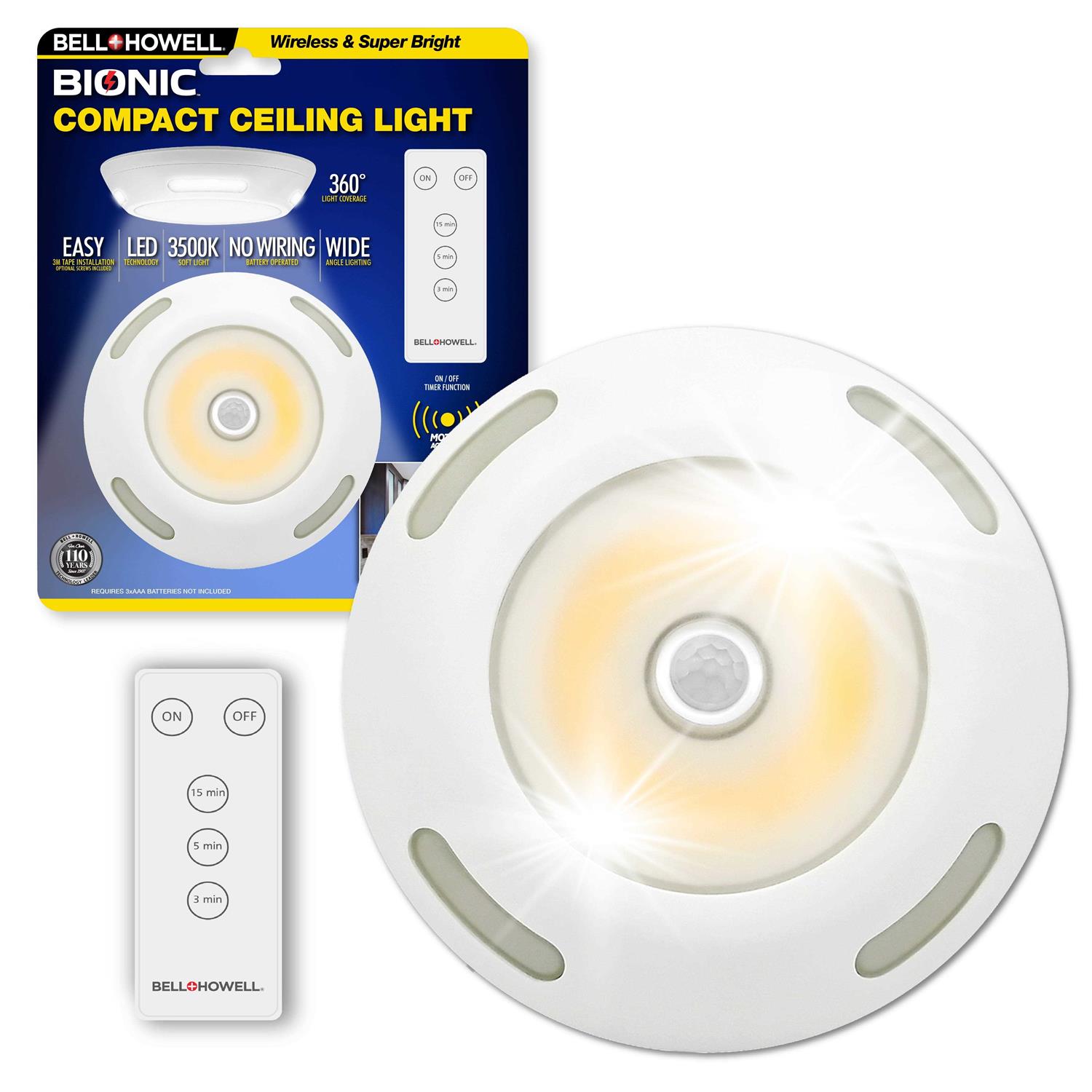Bell+howell Bionic Ceiling Light Compact Size Wireless Motion Sensor Modern Battery Powered Ceiling Light