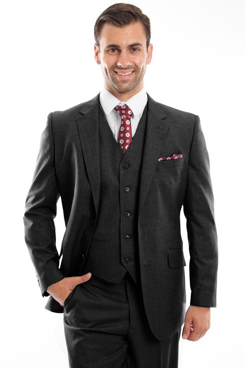 Men’s Designer Two Button Modern Fit Vested Wool Suit in Black
