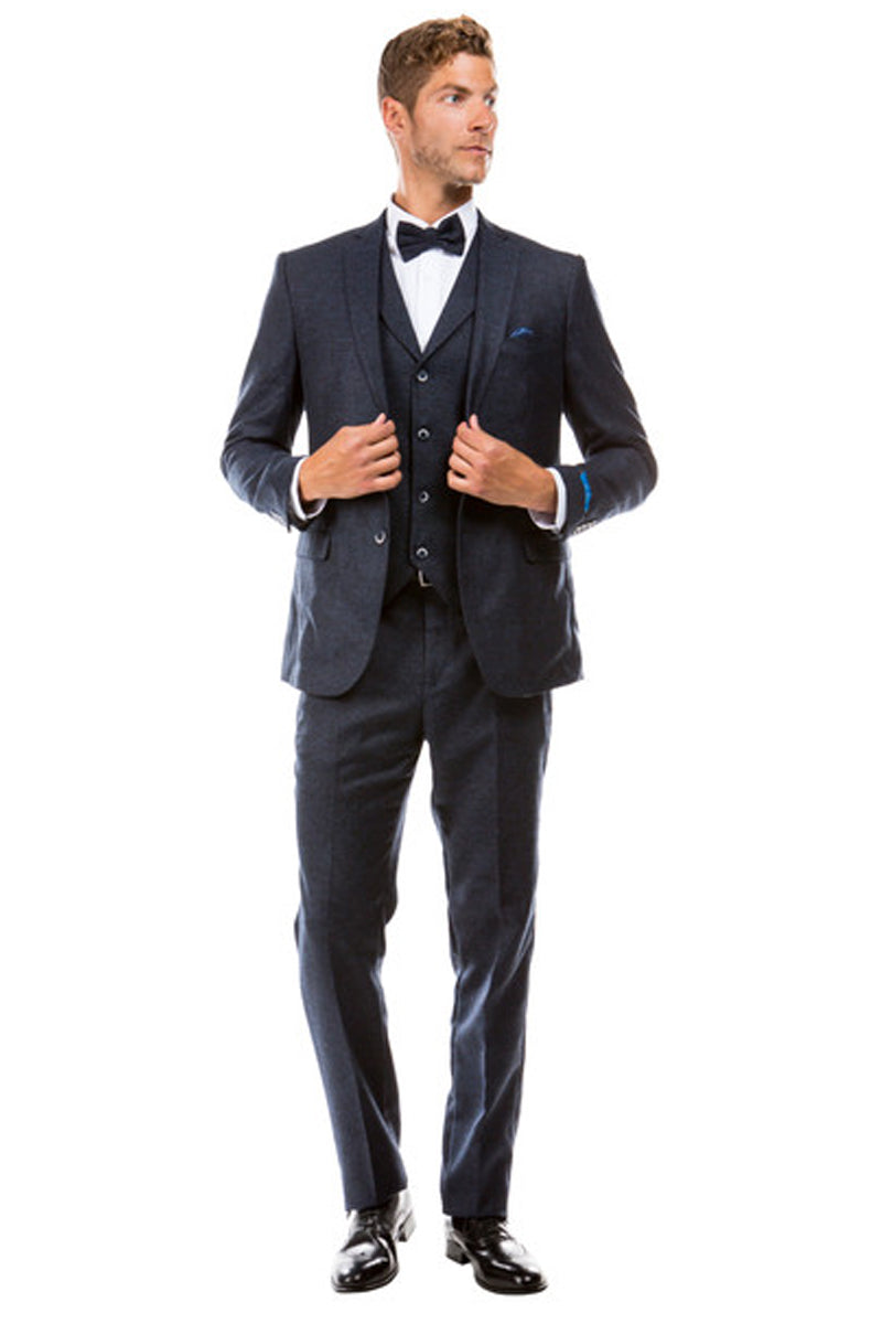 Men’s Two Button Vested Vintage Style Tweed Wedding Suit in Navy Blue