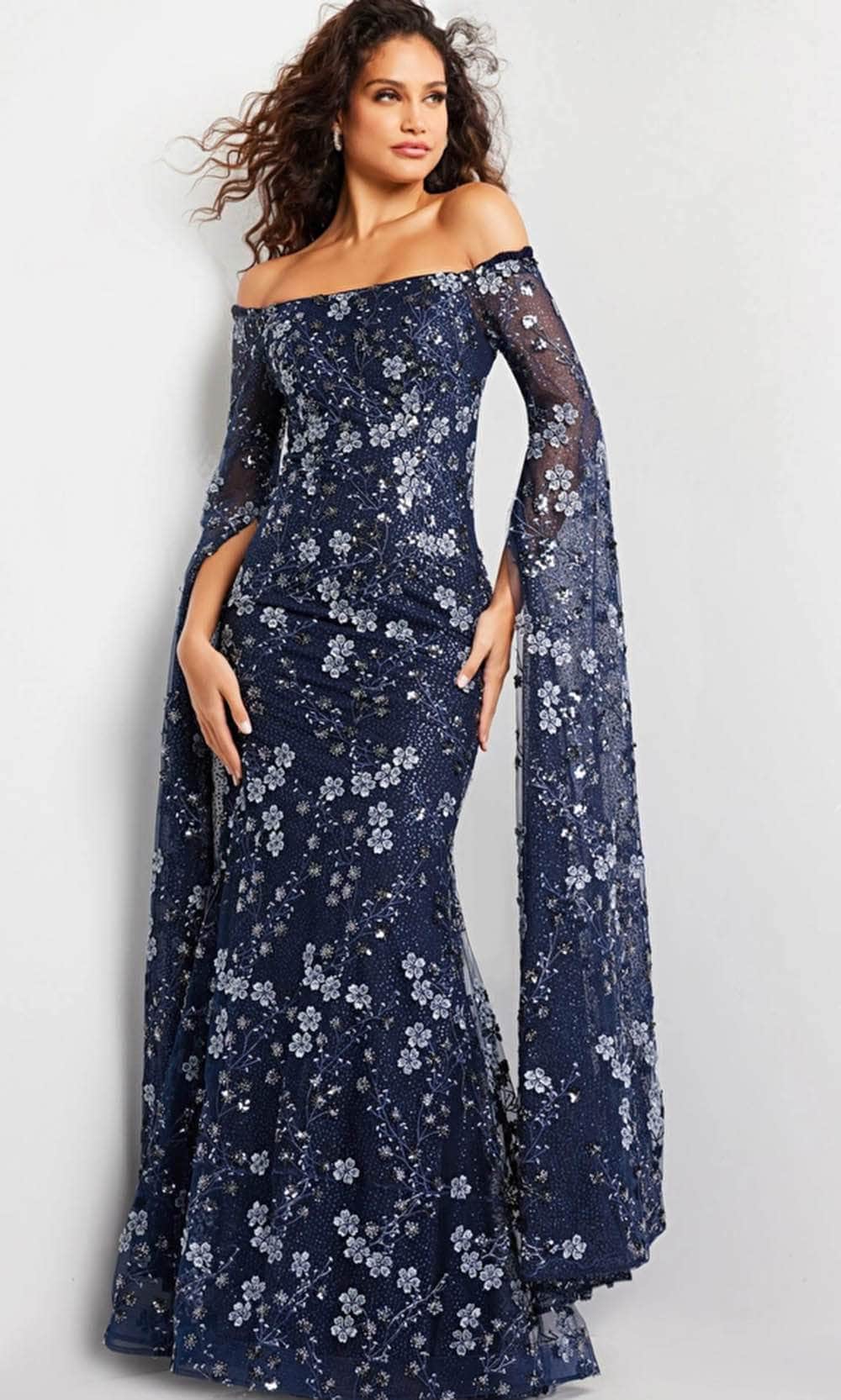 Floral Embroidered Cape Long Gown