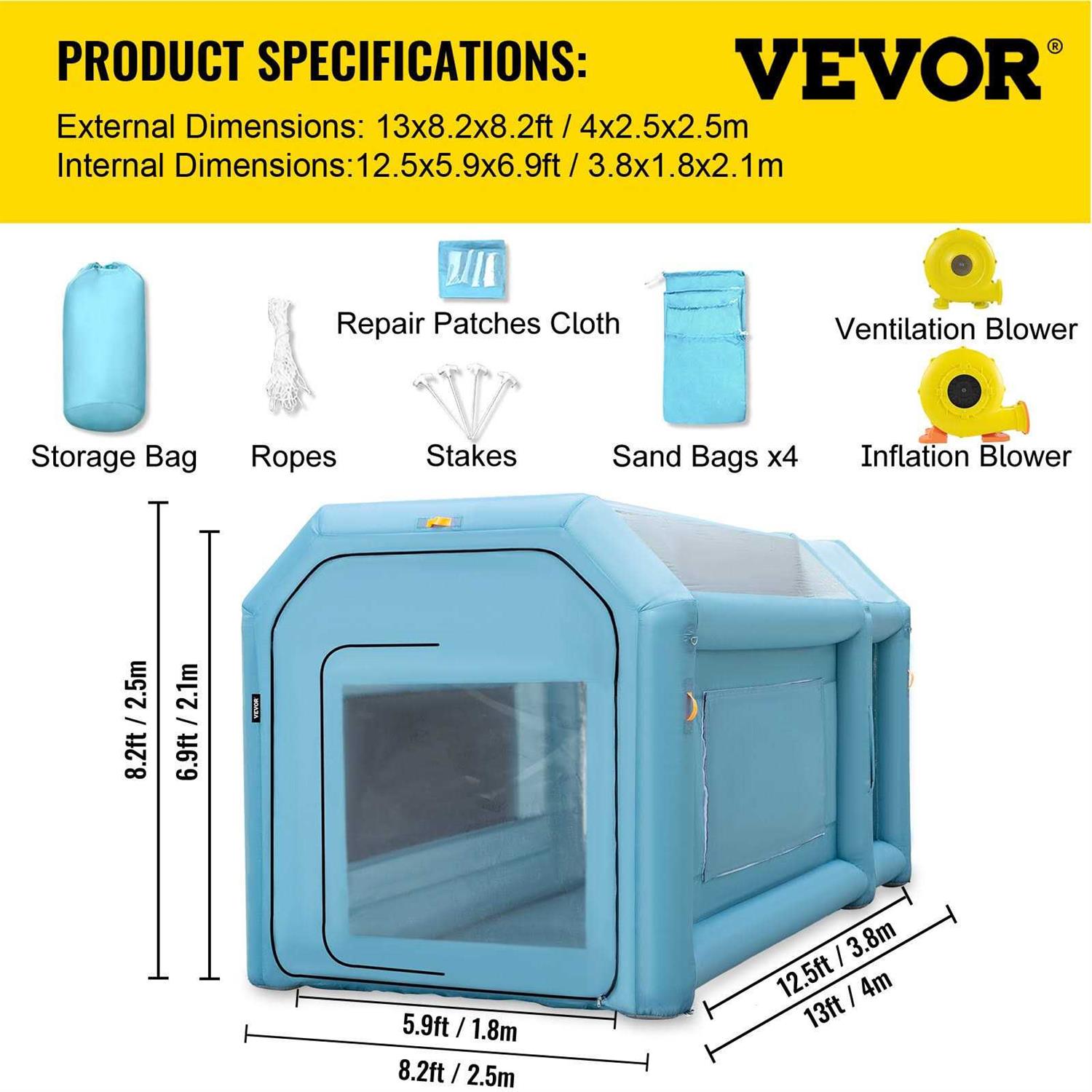 VEVOR Portable Iatable Paint Booth 13 ft. x 8 ft. x 8 ft. Motorcycle Garage Car Paint Tent with Air Filter System
