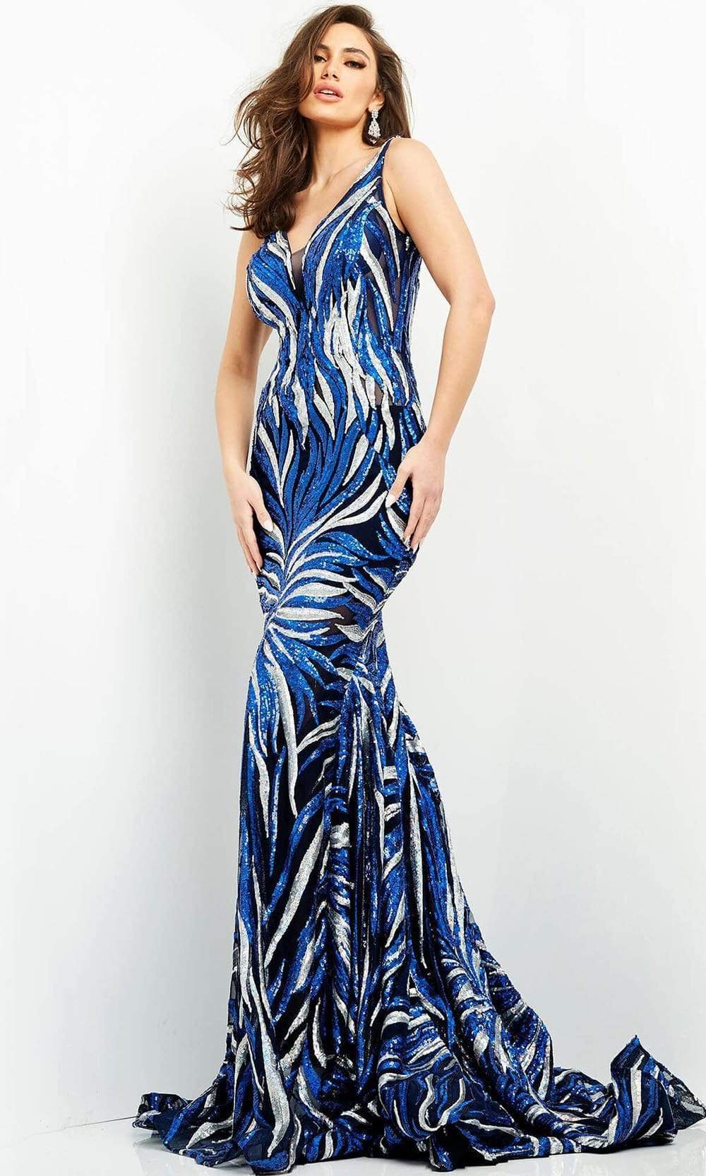 06153 Sequin Plunging V Neck Trumpet Dress