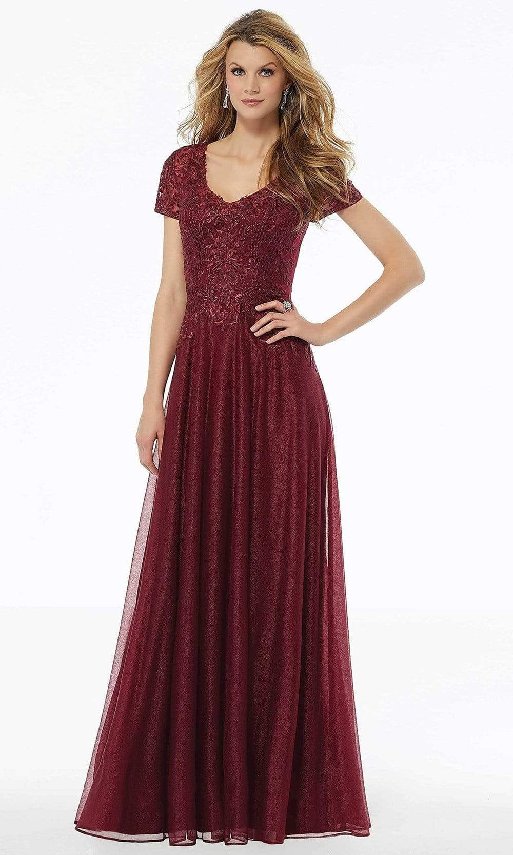 72116 Bead Embroidered Deep V-neck A-line Dress