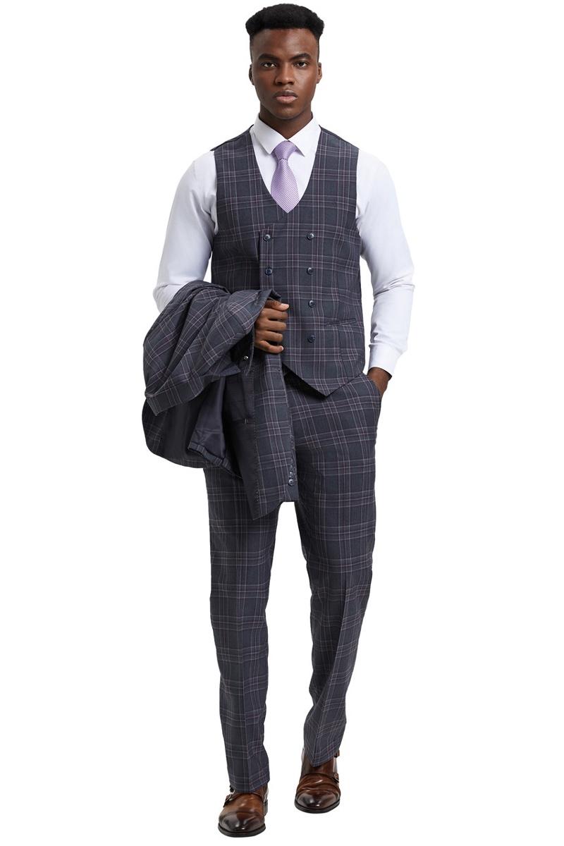 Men’s Stacy Adams One Button Peak Lapel Double Breasted Vest Suit in Charcoal Grey Plaid
