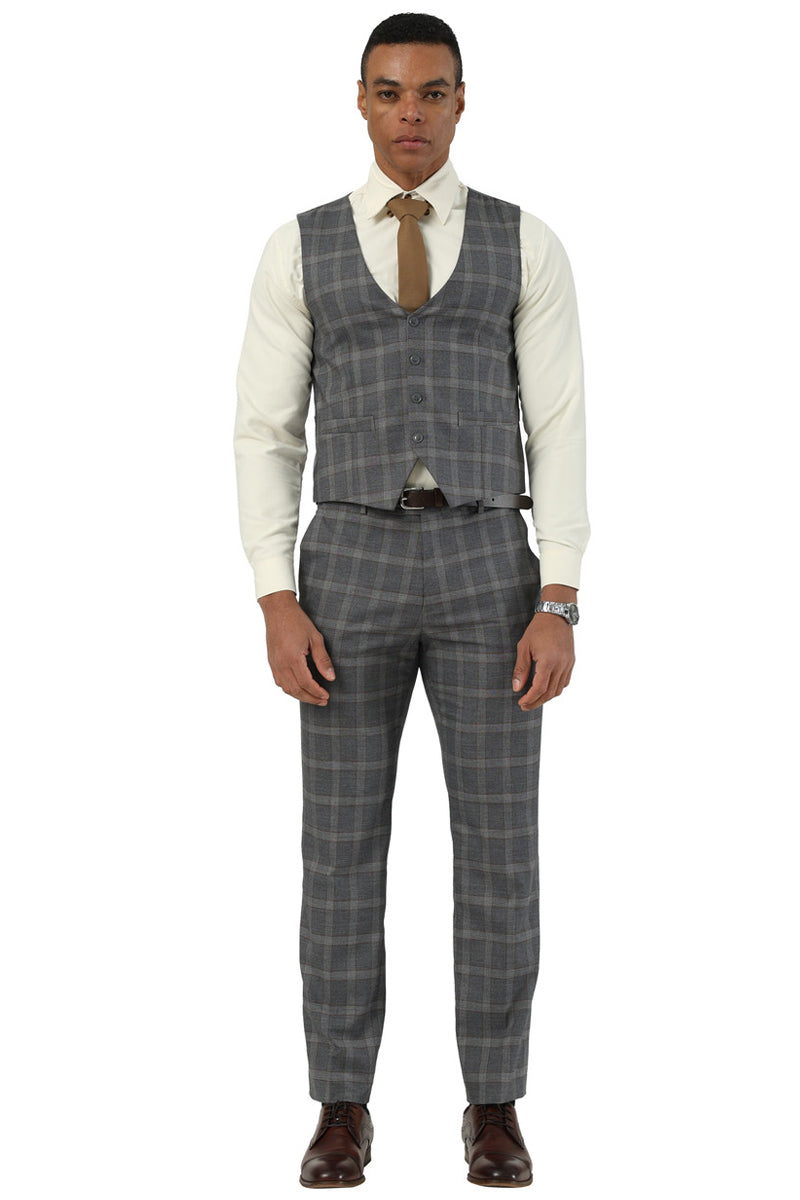 Men’s Designer Stacy Adams Vested Glen Plaid Suit in Charcoal & Brown