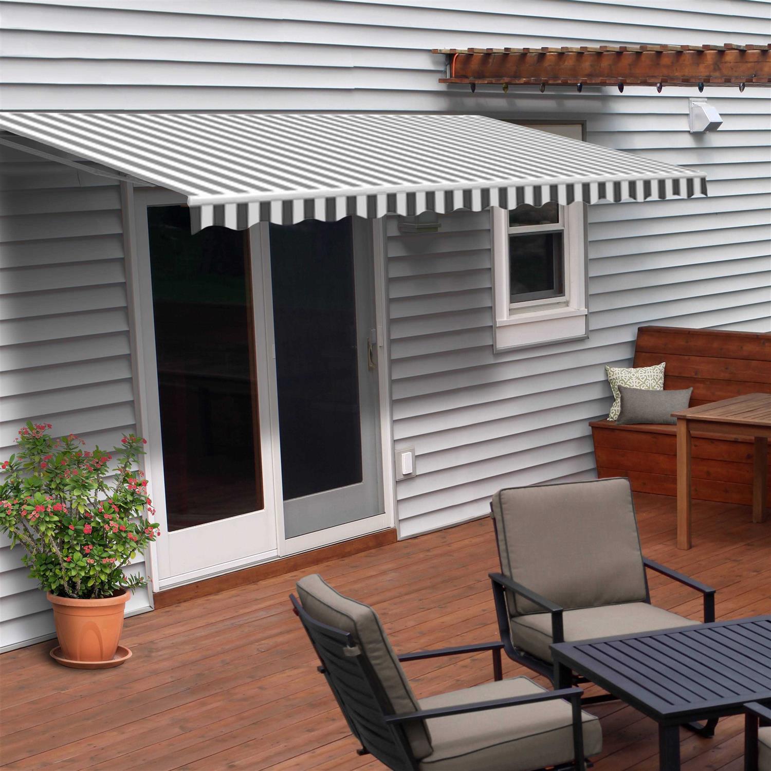 Aleko 10’x8′ Retractable Patio Awning Grey and White Striped