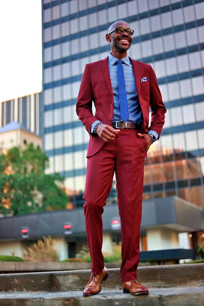 Men’s Basic 2 Button Slim Fit Wedding Suit in Burgundy