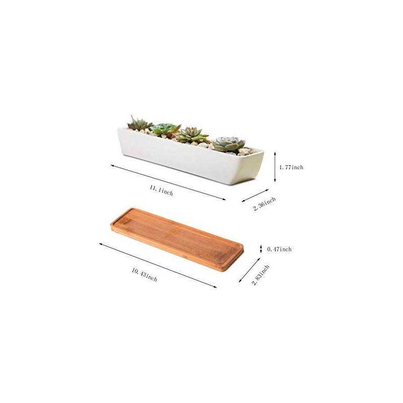 11inch Long Rectangle White Ceramic Succulent Planter Pots/Mini Flower Plant Containers with Bamboo Saucers. Product Size:11×2.36×1.77inch,not