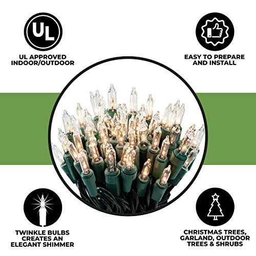 612 Vermont 100 Clear Christmas Twinkle Lights on Green Wire, Indoor and Outdoor Use