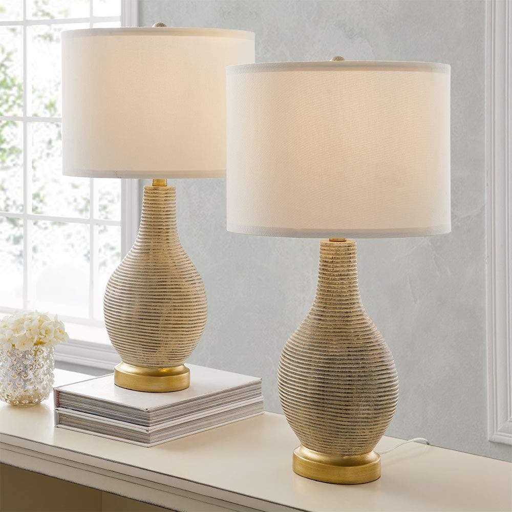 True Fine Richland 24.5 in. Beige/Gold Indoor Table Lamp Set with White Linen Shade 20030T-2PK