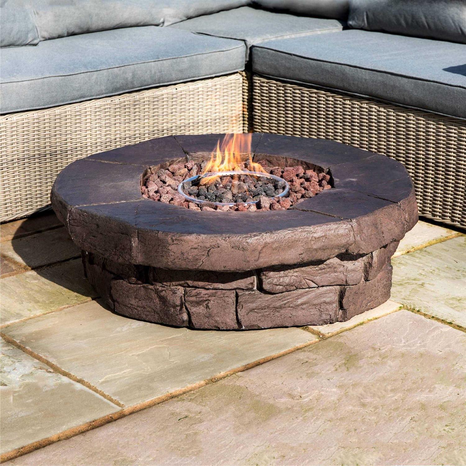 Teamson Home Outdoor Round Stone Look Propane Gas Fire Pit