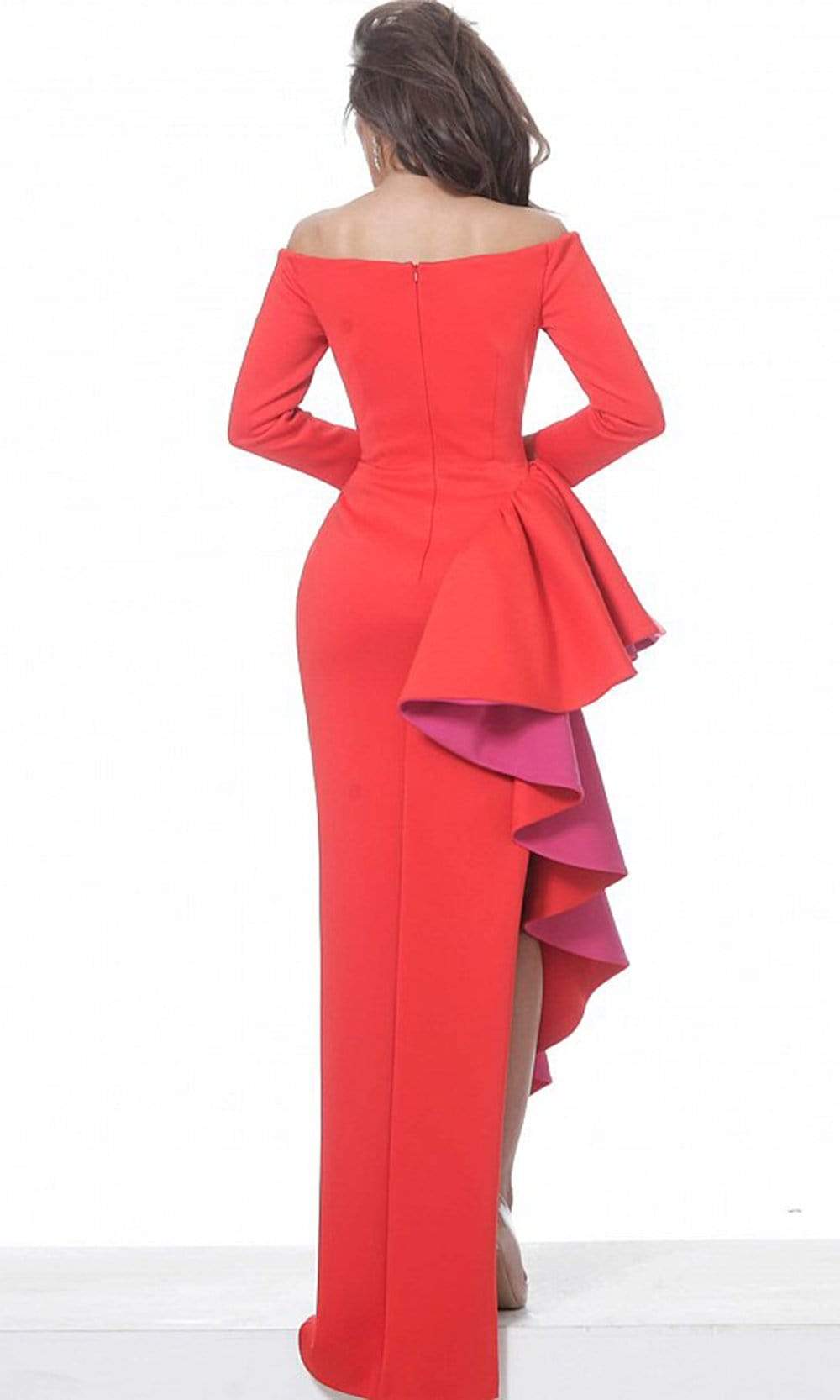 00574 Long Two-Toned Ruffle Ornate High Slit Dress