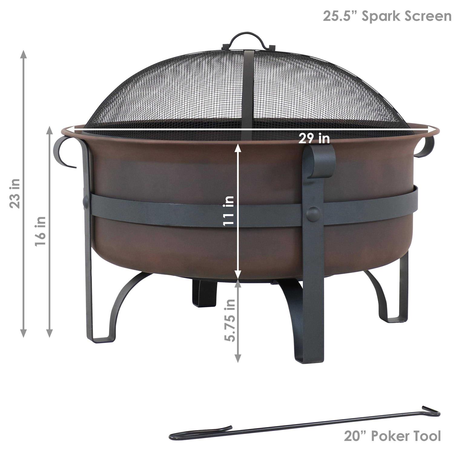 Sunnydaze Decor 29 in. Round Steel Wood Burning Fire Pit with Cauldron Style and Spark Screen Set in Bronze