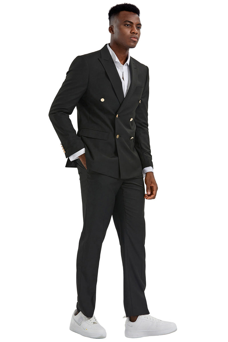Men’s Slim Fit Double Breasted Wedding Suit with Gold Buttons in Black