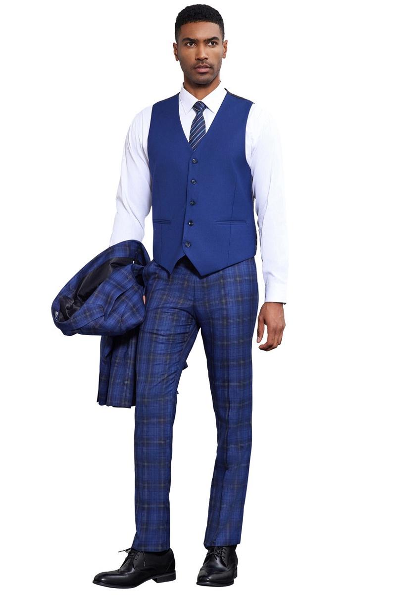 Men’s Stacy Adams Bold Windowpane Plaid Print Vested Suit in Midnight Blue