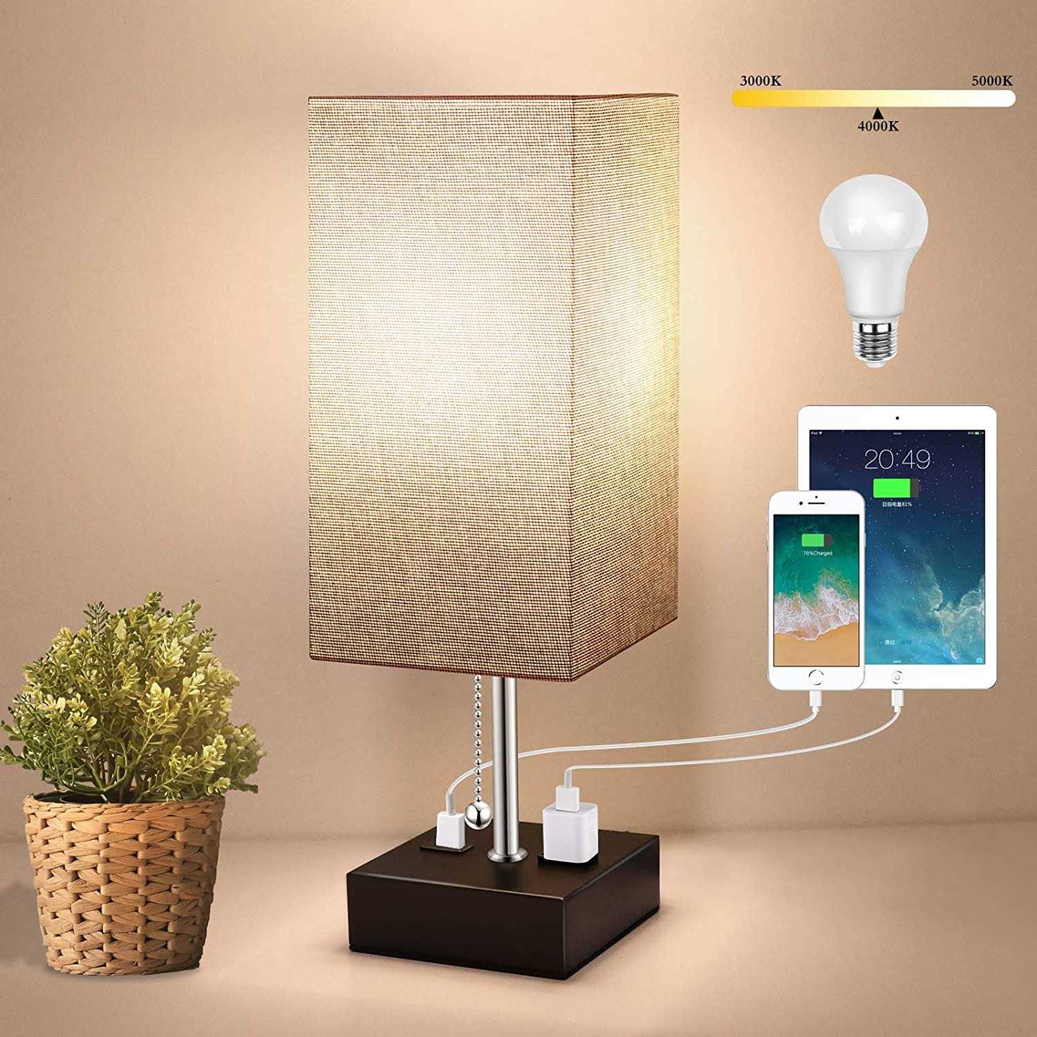 Wihtu 3-color Temperature Bedside Lamp with USB Port and AC Outlet Table Lamps for Bedroom Lamps Nightstand Lamps with Grey Shade Black Metal Bed Lamp