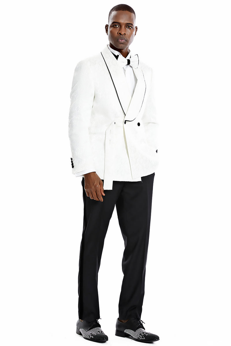 Men’s Slim Fit Double Breasted Smoking Jacket Prom & Wedding Tuxedo in White Paisley