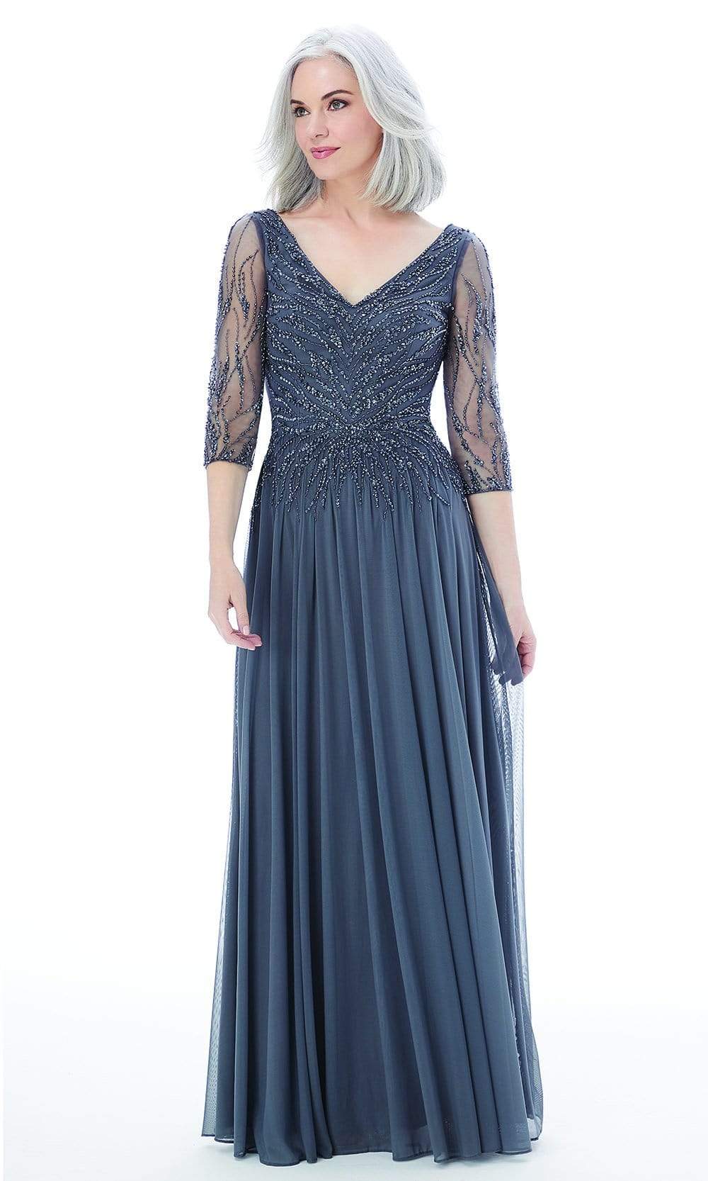 72202 Sheer Quarter Sleeve Beaded Mesh A-Line Gown