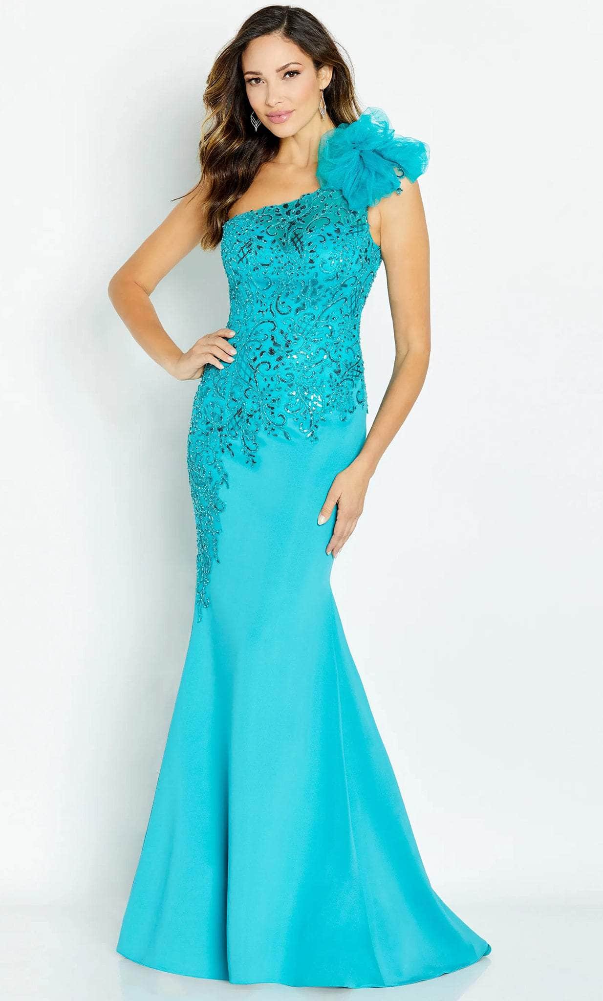 Asymmetrical Appliqued Formal Gown