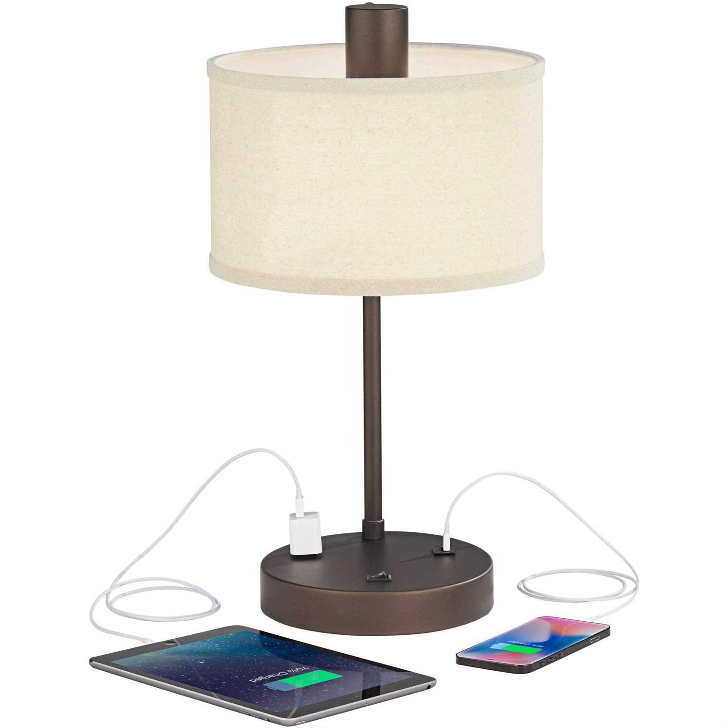 360 Lighting Modern Desk Table Lamp with USB and AC Power Outlet in Base Bronze Linen Uno Fitter Drum Shade for Bedroom Bedside