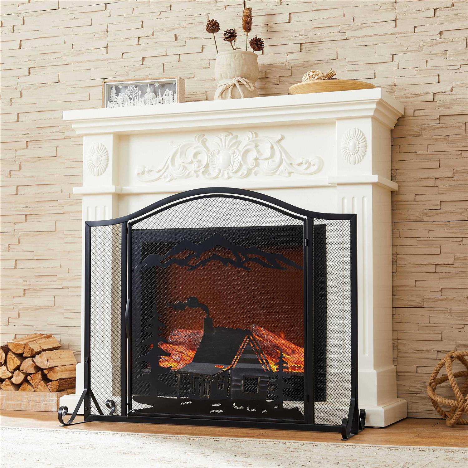 Vanity Art Unique Forest Woodhouse Black Single Panel Iron Fireplace Screen