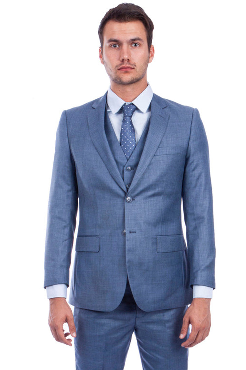 Men’s Two Button Hybrid Fit Vested Sharkskin Wedding & Business Suit in Ocean Blue