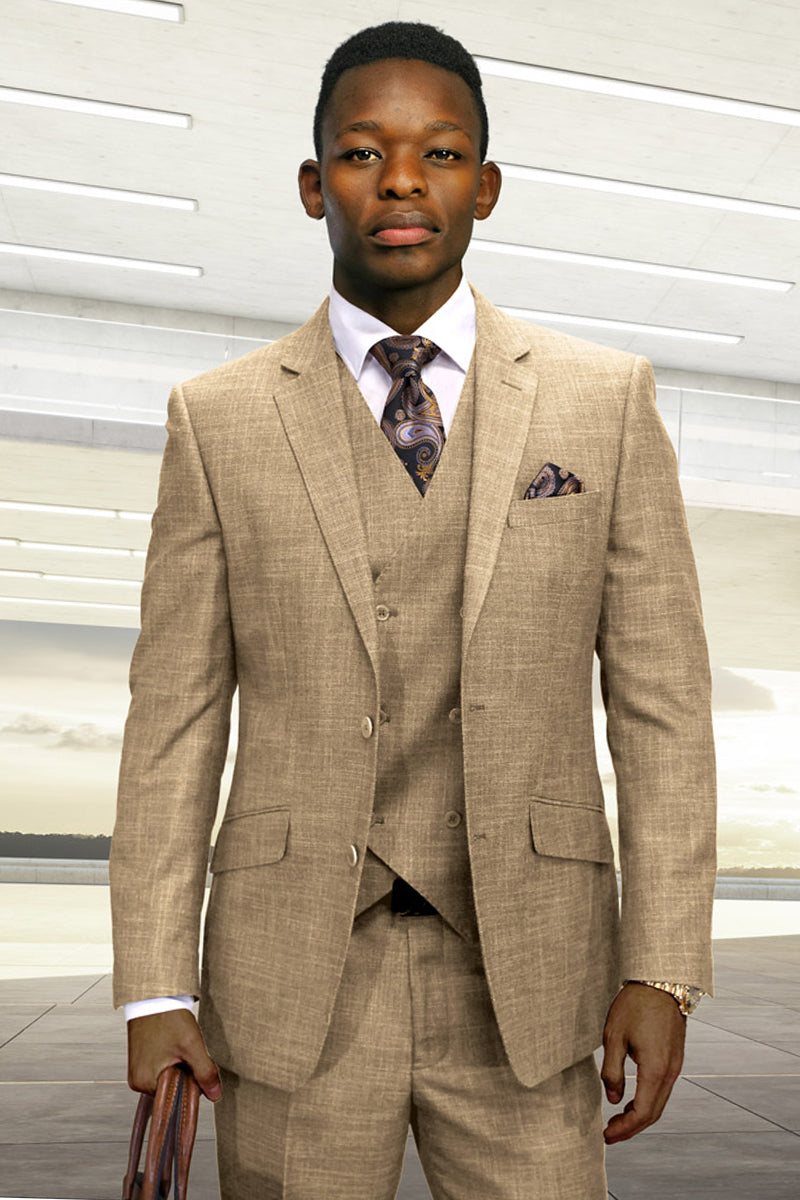 Men’s Designer Summer Sharkskin Wool Suit with Double Breated Vest in Camel Tan