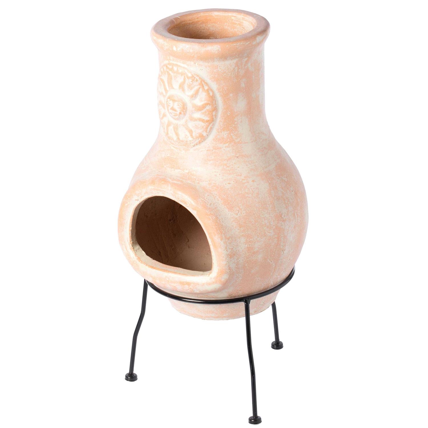 Vintiquewise Beige Outdoor Clay Chimney Outdoor Fireplace Sun Design Charcoal Burning Fire Pit with Sturdy Metal Stand