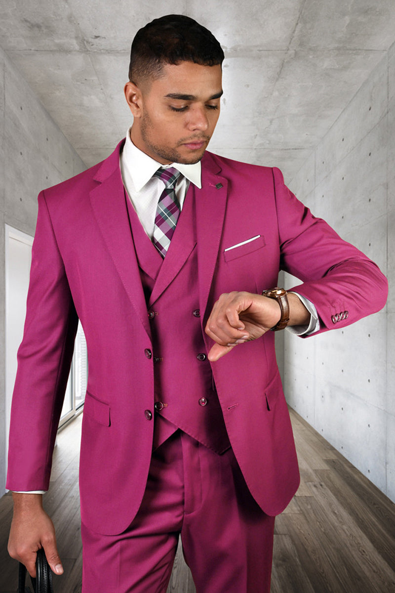 Men’s Designer Modern Fit Double Breasted Vest Wool Wedding Suit in Fucshia Hot Pink