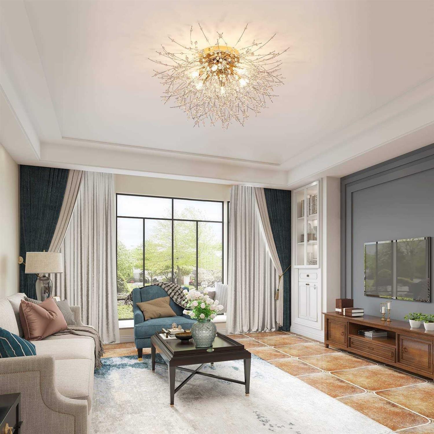 6-Light Sputnik Flush Mount Ceiling Light Fixture Modern Gold Crystal Firework Ceiling Lights