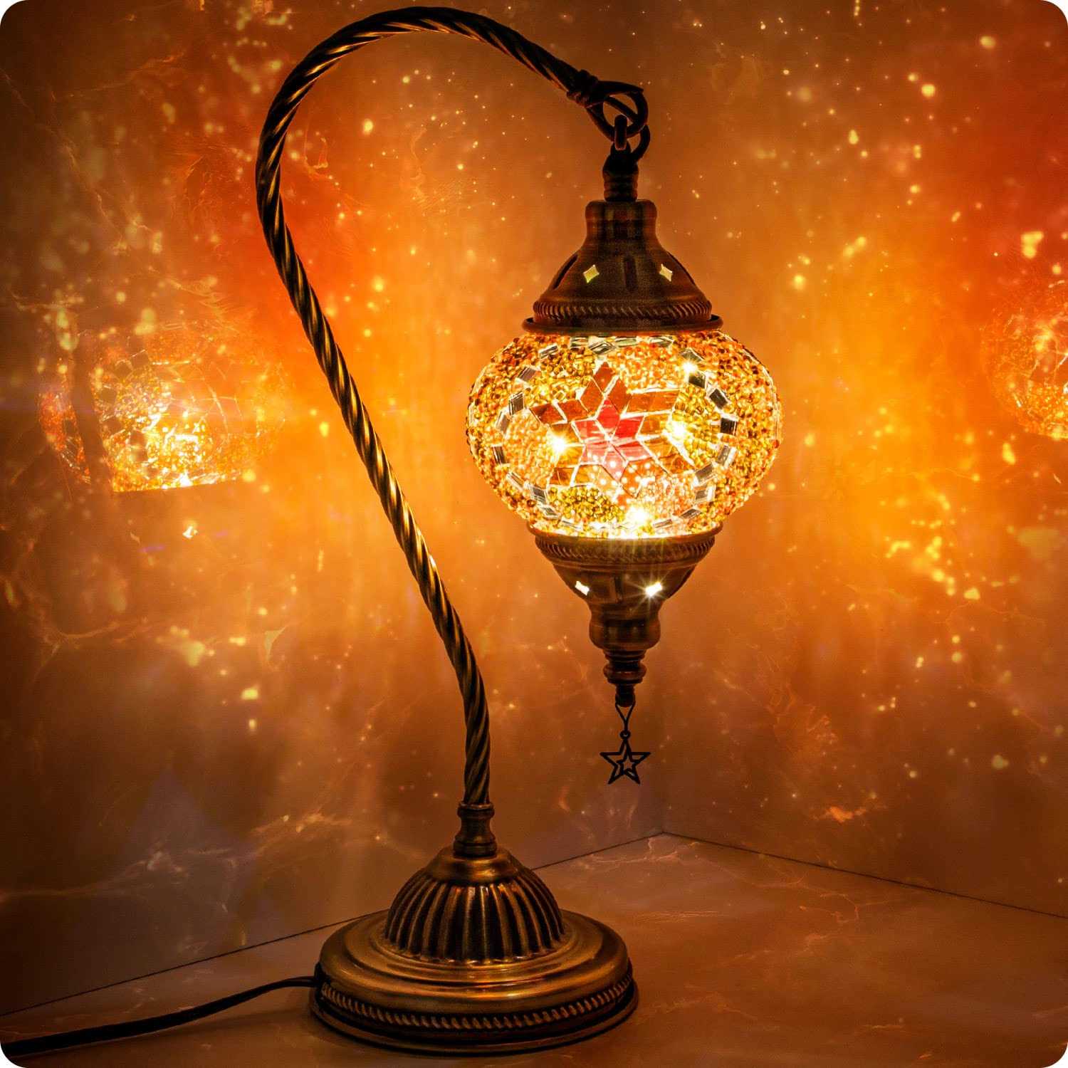 Turkish Moroccan Lamp with Bronze Base Yarra Decor 3 Color Options Handmade Swan Neck Tiffany Mosaic Glass Bedside Lamps for Bedroom