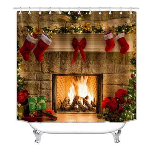 4PCS Christmas Fireplace Shower Curtain Sets, Christmas Tree Stocking Shower Curtain Sets with Rugs, Toilet Lid Cover and Bath Mat for Bathroom Set