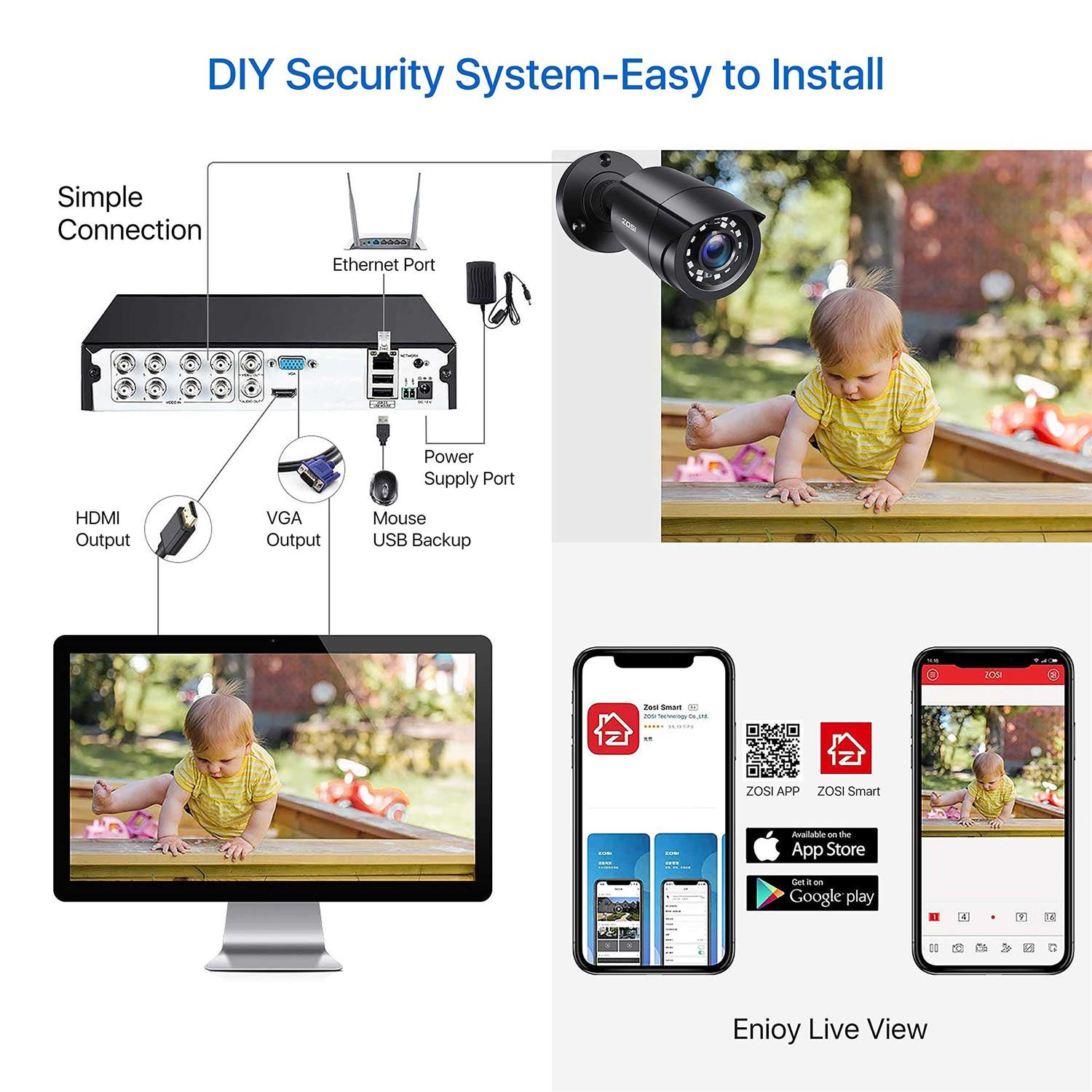 ZOSI 3K Lite 8CH Home Security Camera System Outdoor,8Channel H.265+ CCTV DVR,8pcs 1080p Weatherproof Surveillance Bullet Dome Cameras,Night Vision