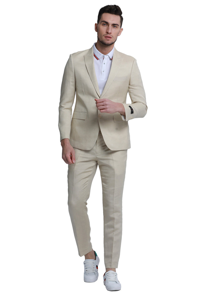 Men’s Two Button Peak Lapel Summer Linen Style Beach Wedding Suit in Tan