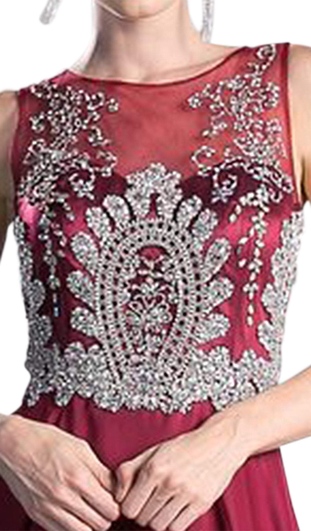 Sleeveless Illusion Metallic Appliqued A-Line Gown