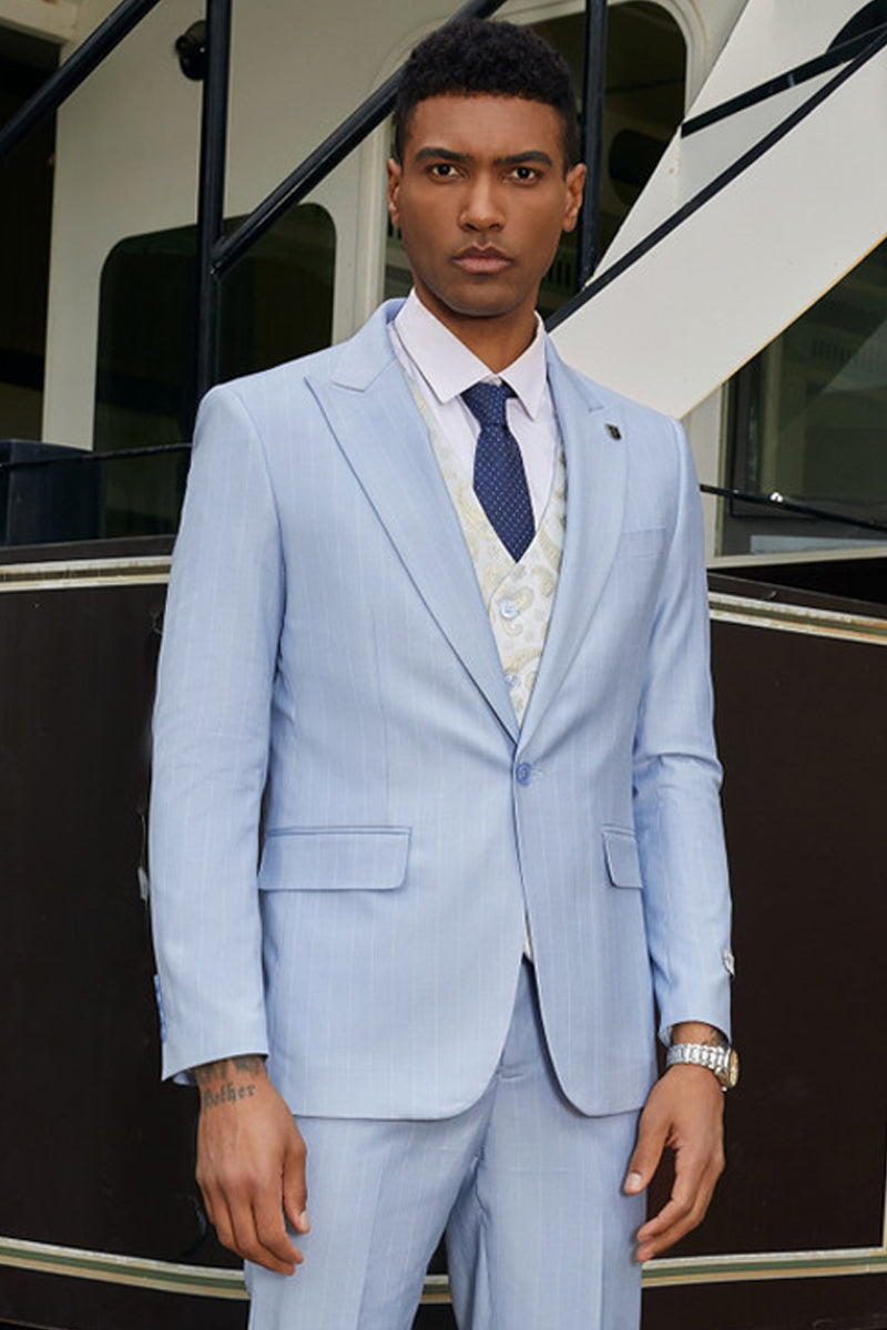 Men’s Stacy Adam’s One Button Vested Modern Suit in Light Blue Pinstripe