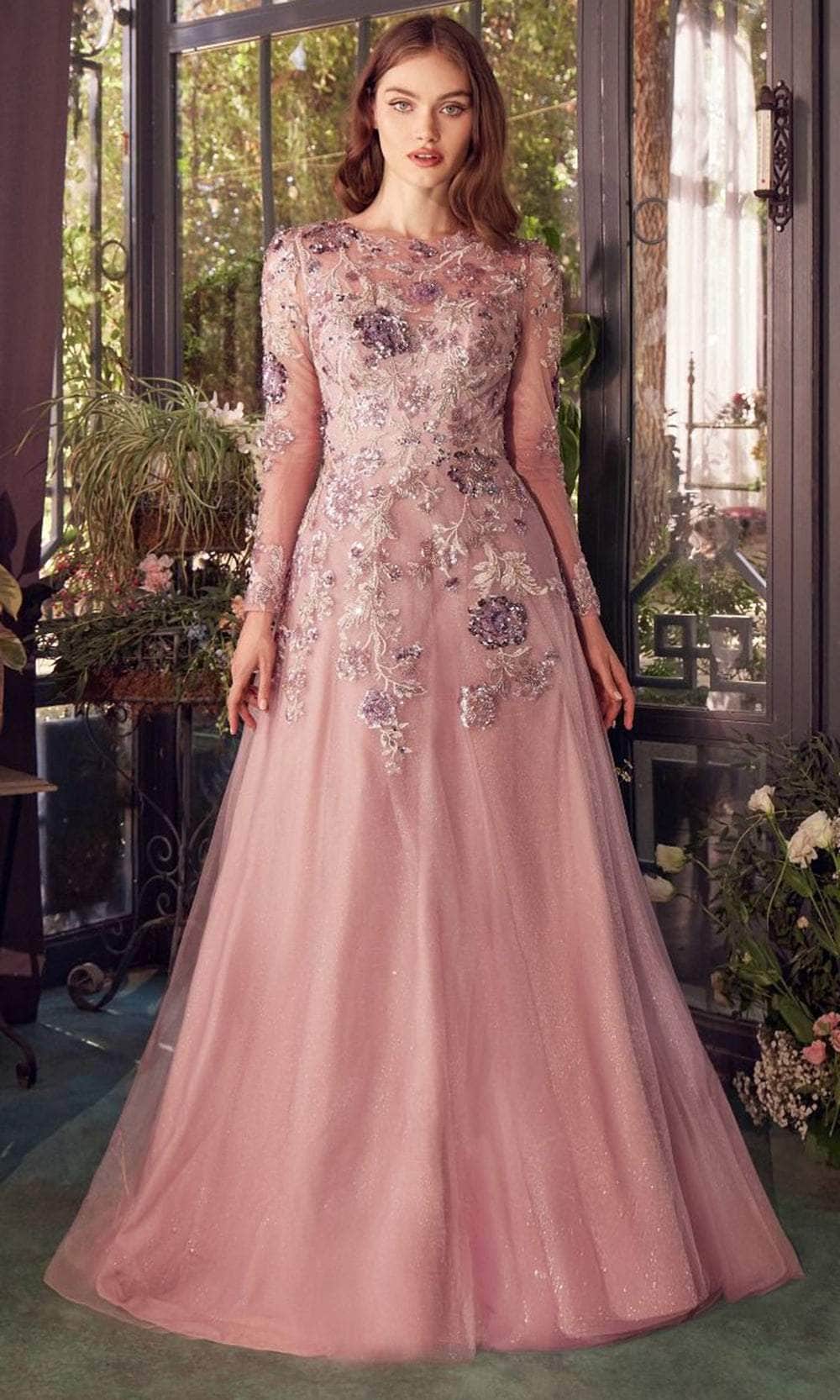 Embroidered Long Sleeve Evening Gown